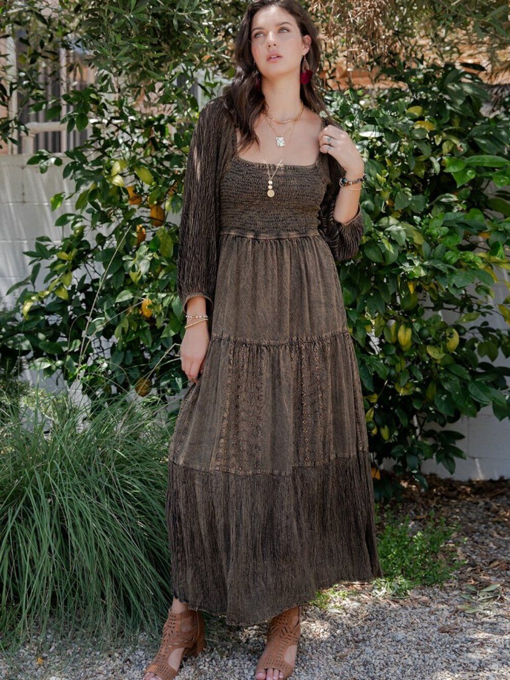 Young Threads Embroidered Empire Mid-Length Dress in Amber Size S